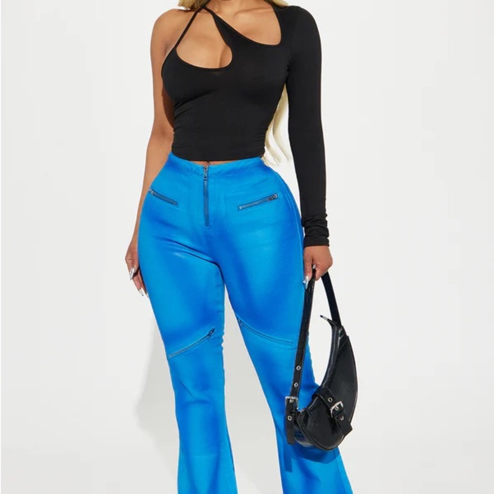 Fashion Nova Coated Moto Flare Jeans